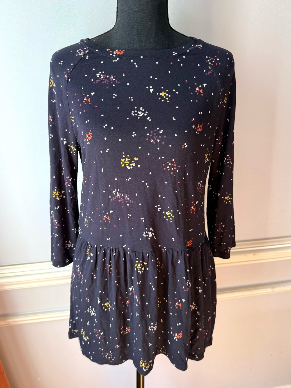 Boden XS Navy Floral Print Ruffle Hem Tunic Top 3/4 Sleeve Stretch